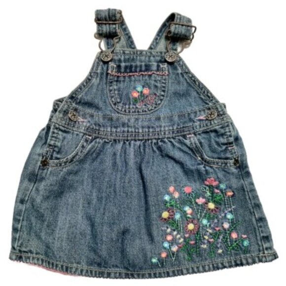 OshKosh B'Gosh Girls Blue Denim Floral Front Pocket Skirt Dress Overalls vintage - Picture 2 of 6